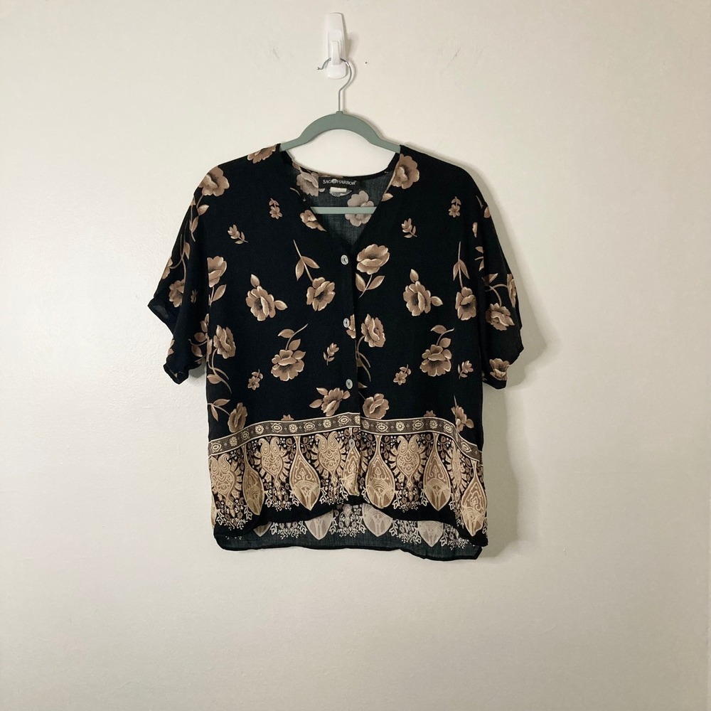 Vintage Sag Harbor Black Floral Paisley Border Button Front Blouse Cottagecore L